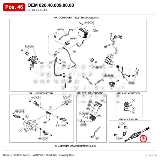 BETA ELASTIC – OEM 026.40.009.00.00, position 46 on the Beta RR 200 2T MY19 wiring harness drawing