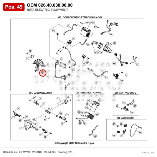 BETA ELECTRIC EQUIPMENT – OEM 026.40.038.00.00, position 49 on the Beta RR 250 2T MY19 wiring harness drawing