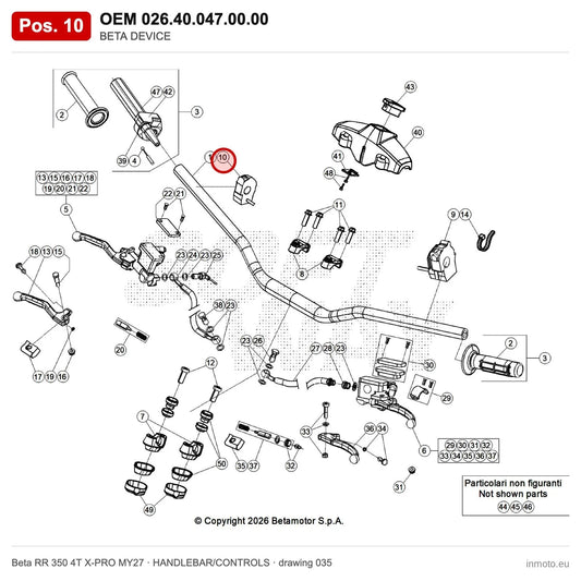 BETA DEVICE – OEM 026.40.047.00.00, position 10 on the Beta RR 350 4T X-PRO MY27 handlebar/controls drawing