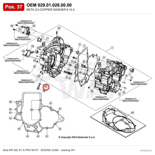 BETA CU-COPPER WASHER 8.14.5 – OEM 029.01.026.00.00, position 37 on the Beta RR 350 4T X-PRO MY27 engine case drawing