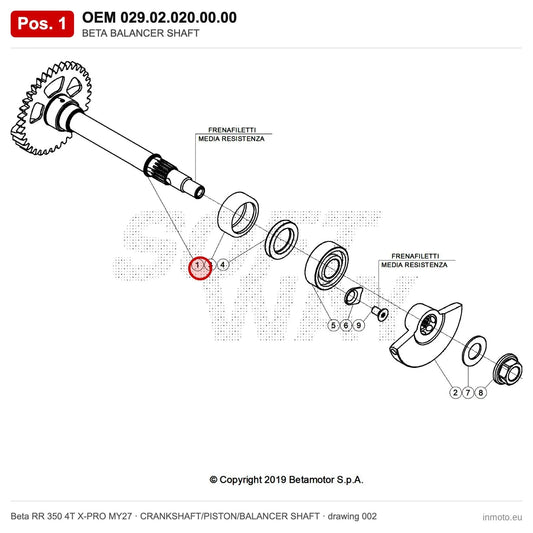 BETA BALANCER SHAFT – OEM 029.02.020.00.00, position 1 on the Beta RR 350 4T X-PRO MY27 crankshaft/piston/balancer shaft drawing