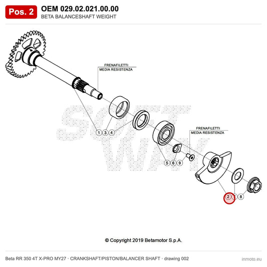 BETA BALANCESHAFT WEIGHT – OEM 029.02.021.00.00, position 2 on the Beta RR 350 4T X-PRO MY27 crankshaft/piston/balancer shaft drawing