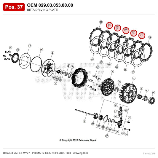 BETA DRIVING PLATE – OEM 029.03.053.00.00, position 37 on the Beta RX 250 4T MY27 primary gear cpl./clutch drawing