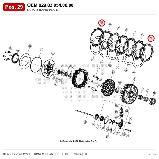 BETA DRIVING PLATE – OEM 029.03.054.00.00, position 29 on the Beta RX 250 4T MY27 primary gear cpl./clutch drawing