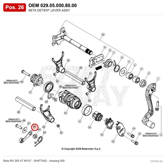 BETA DETENT LEVER ASSY – OEM 029.05.050.80.00, position 26 on the Beta RX 250 4T MY27 shifting drawing