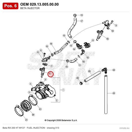 BETA INJECTOR – OEM 029.13.005.00.00, position 6 on the Beta RX 250 4T MY27 fuel injection drawing