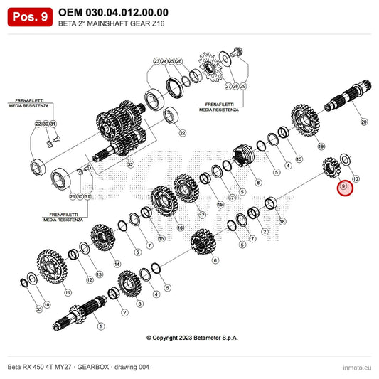 BETA 2° MAINSHAFT GEAR Z16 – OEM 030.04.012.00.00, position 9 on the Beta RX 450 4T MY27 gearbox drawing