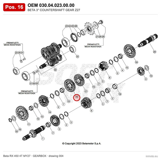 BETA 3° COUNTERSHAFT GEAR Z27 – OEM 030.04.023.00.00, position 16 on the Beta RX 450 4T MY27 gearbox drawing