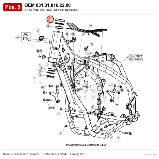 BETA PROTECTION, UPPER BEARING – OEM 031.31.016.22.00, position 5 on the Beta RR 350 4T X-PRO MY27 frame/sub frame drawing