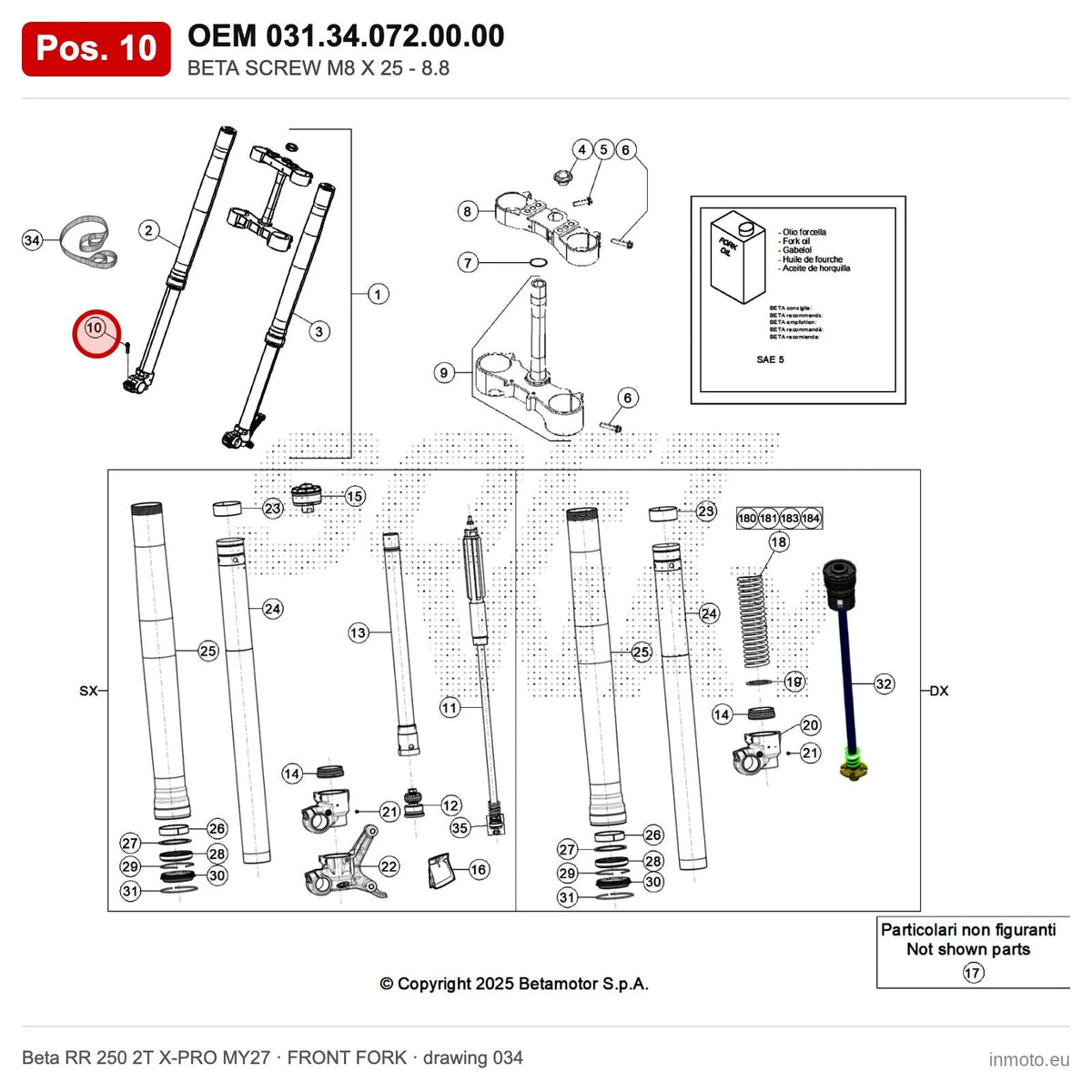 BETA SCREW M8 X 25 - 8.8 – OEM 031.34.072.00.00, position 10 on the Beta RR 250 2T X-PRO MY27 front fork drawing