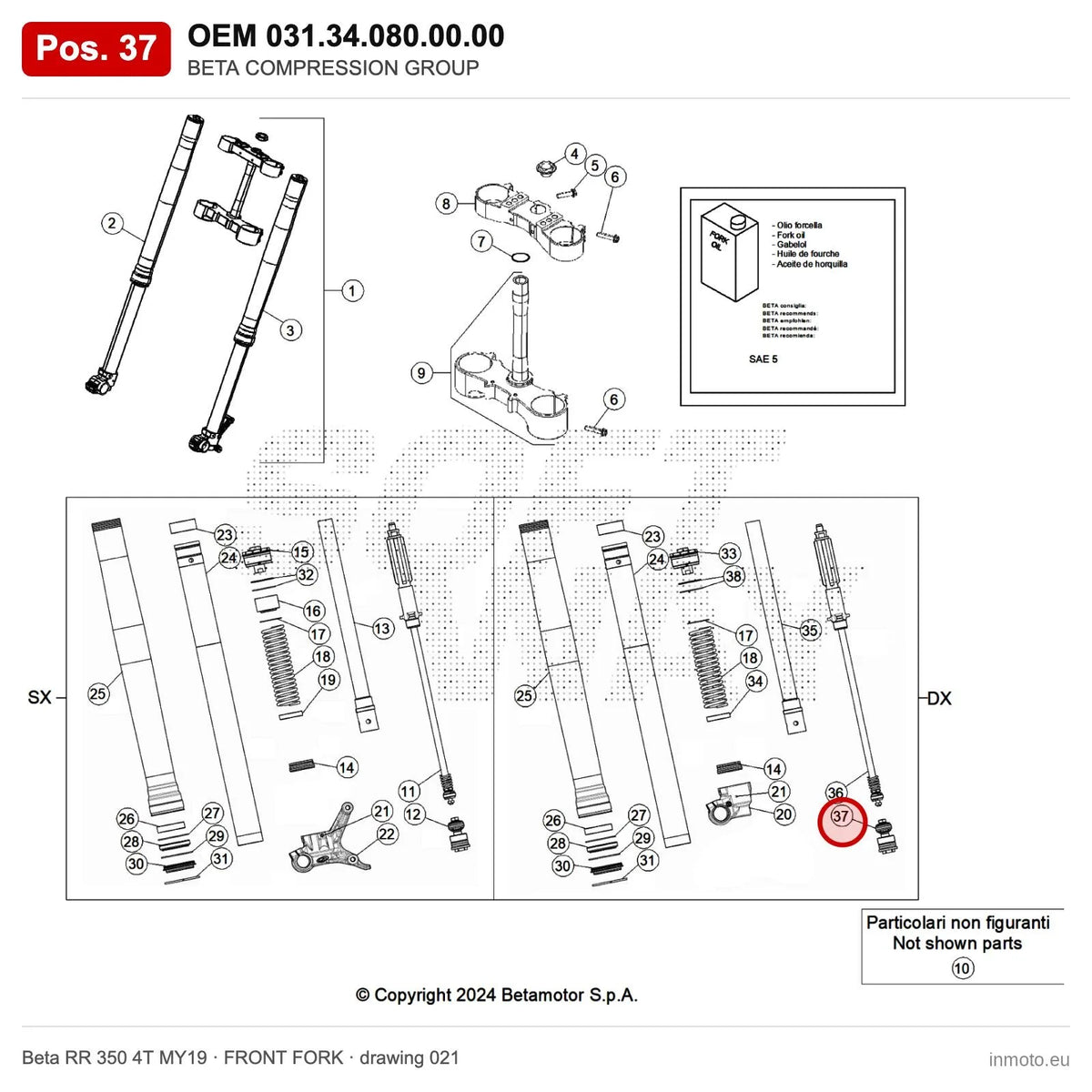 BETA COMPRESSION GROUP – OEM 031.34.080.00.00, position 37 on the Beta RR 350 4T MY19 front fork drawing