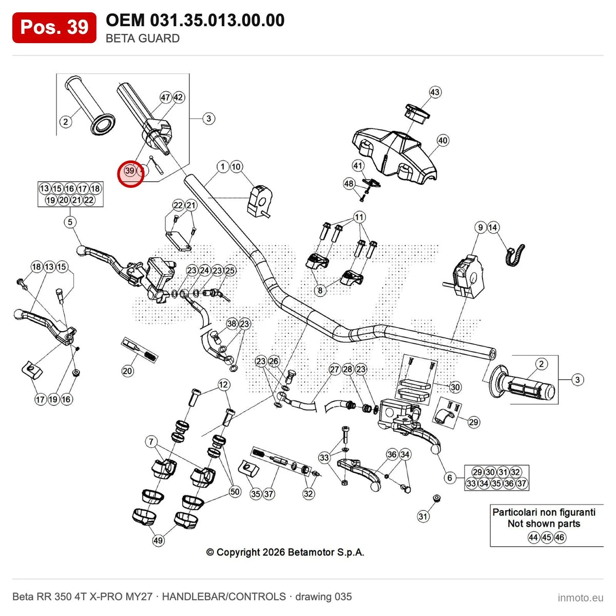 BETA GUARD – OEM 031.35.013.00.00, position 39 on the Beta RR 350 4T X-PRO MY27 handlebar/controls drawing