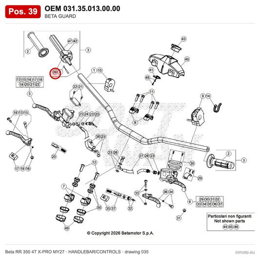 BETA GUARD – OEM 031.35.013.00.00, position 39 on the Beta RR 350 4T X-PRO MY27 handlebar/controls drawing