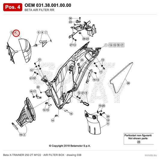 BETA AIR FILTER RR – OEM 031.38.001.00.00, position 4 on the Beta X-TRAINER 250 2T MY22 air filter box drawing