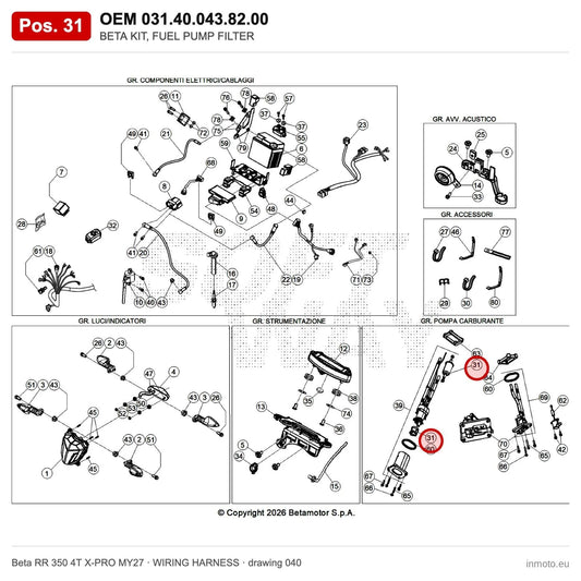 BETA KIT, FUEL PUMP FILTER – OEM 031.40.043.82.00, position 31 on the Beta RR 350 4T X-PRO MY27 wiring harness drawing