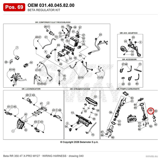 BETA REGULATOR KIT – OEM 031.40.045.82.00, position 69 on the Beta RR 350 4T X-PRO MY27 wiring harness drawing