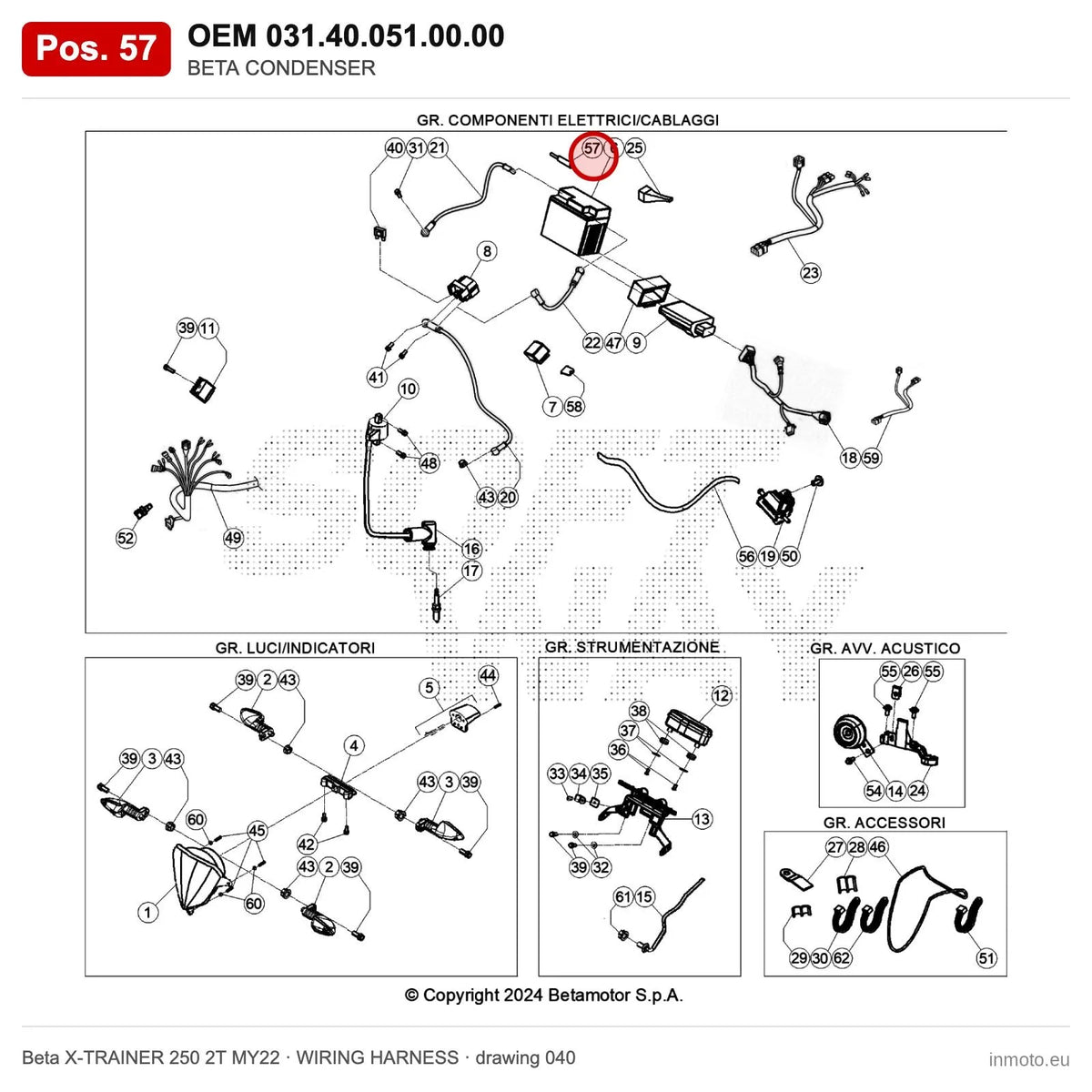 BETA CONDENSER – OEM 031.40.051.00.00, position 57 on the Beta X-TRAINER 250 2T MY22 wiring harness drawing