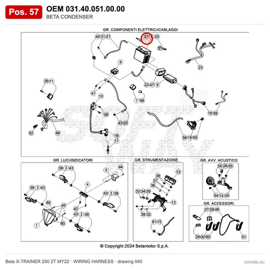 BETA CONDENSER – OEM 031.40.051.00.00, position 57 on the Beta X-TRAINER 250 2T MY22 wiring harness drawing