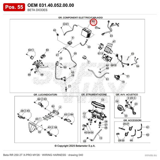 BETA DIODES – OEM 031.40.052.00.00, position 55 on the Beta RR 250 2T X-PRO MY26 wiring harness drawing