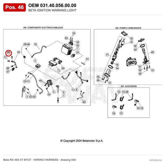 BETA IGNITION WARNING LIGHT – OEM 031.40.056.00.00, position 46 on the Beta RX 450 4T MY27 wiring harness drawing