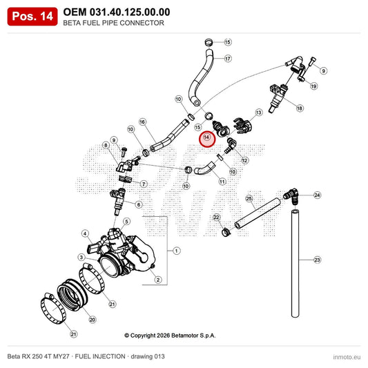 BETA FUEL PIPE CONNECTOR – OEM 031.40.125.00.00, position 14 on the Beta RX 250 4T MY27 fuel injection drawing