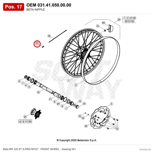 BETA NIPPLE – OEM 031.41.050.00.00, position 17 on the Beta RR 125 2T X-PRO MY27 front wheel drawing