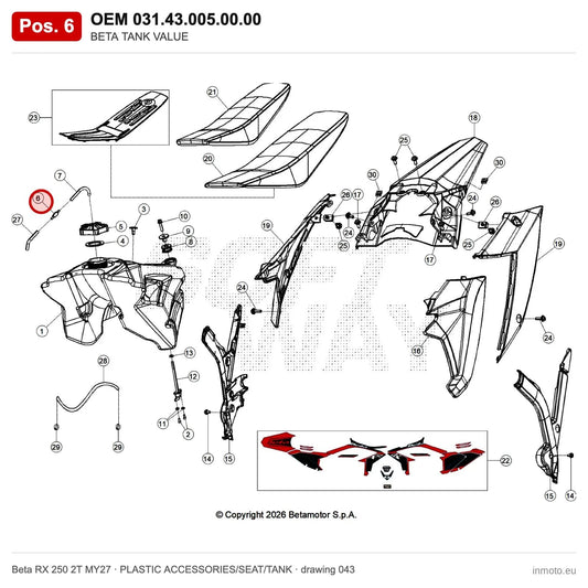 BETA TANK VALUE – OEM 031.43.005.00.00, position 6 on the Beta RX 250 2T MY27 plastic accessories/seat/tank drawing