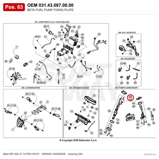 BETA FUEL PUMP FIXING PLATE – OEM 031.43.087.00.00, position 63 on the Beta RR 350 4T X-PRO MY27 wiring harness drawing