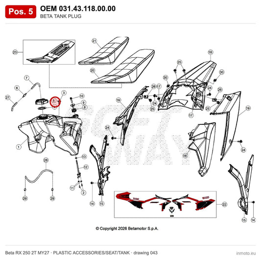 BETA TANK PLUG – OEM 031.43.118.00.00, position 5 on the Beta RX 250 2T MY27 plastic accessories/seat/tank drawing