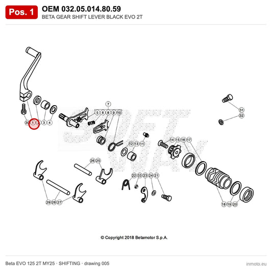 BETA GEAR SHIFT LEVER BLACK EVO 2T – OEM 032.05.014.80.59, position 1 on the Beta EVO 125 2T MY25 shifting drawing