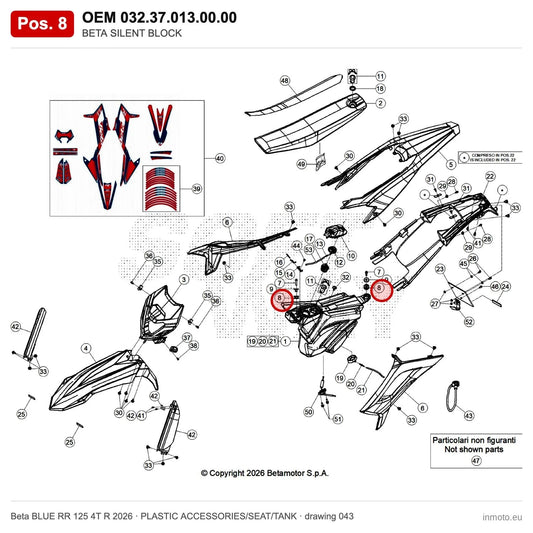 BETA SILENT BLOCK – OEM 032.37.013.00.00, position 8 on the Beta BLUE RR 125 4T R 2026 plastic accessories/seat/tank drawing