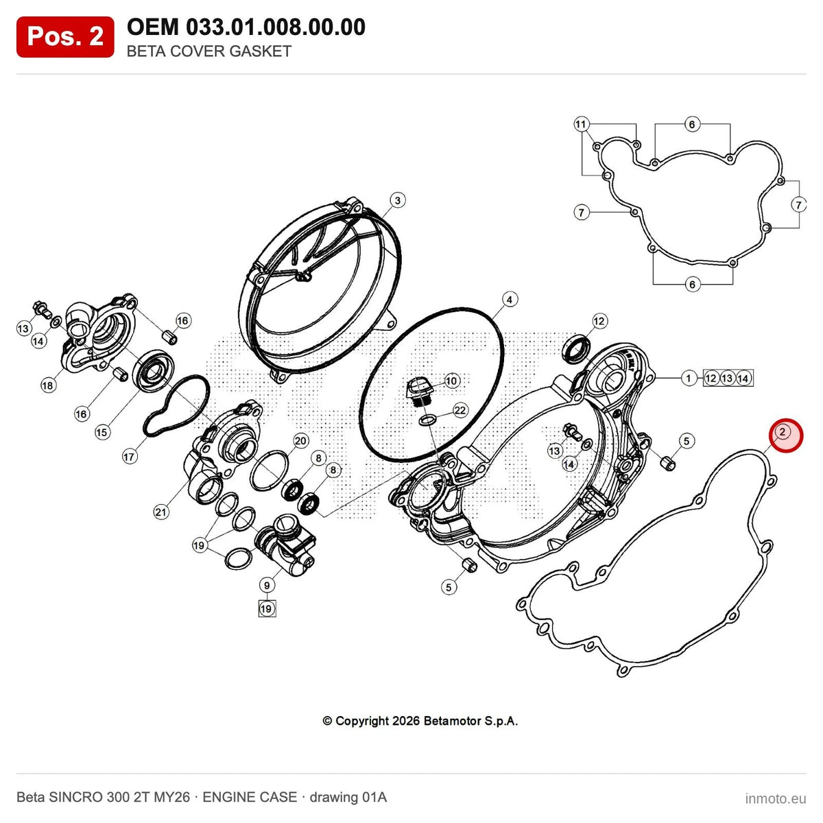 BETA COVER GASKET – OEM 033.01.008.00.00, position 2 on the Beta SINCRO 300 2T MY26 engine case drawing