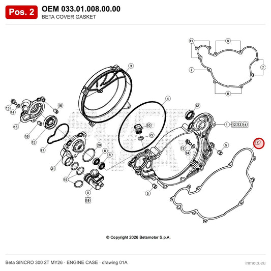 BETA COVER GASKET – OEM 033.01.008.00.00, position 2 on the Beta SINCRO 300 2T MY26 engine case drawing