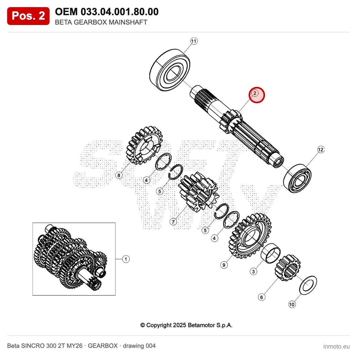 BETA GEARBOX MAINSHAFT – OEM 033.04.001.80.00, position 2 on the Beta SINCRO 300 2T MY26 gearbox drawing