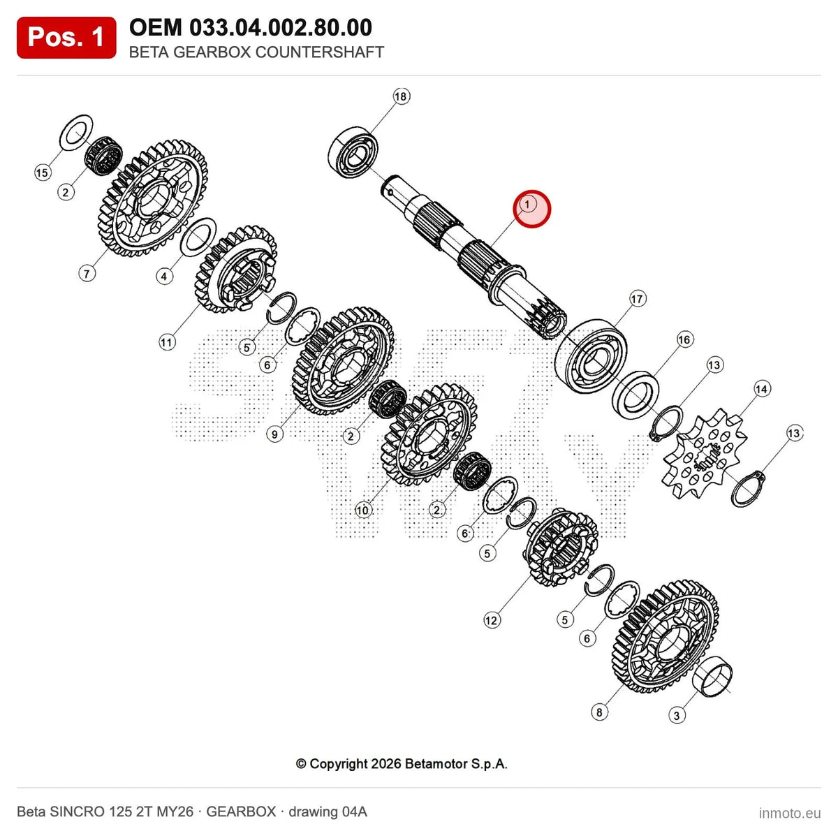 BETA GEARBOX COUNTERSHAFT – OEM 033.04.002.80.00, position 1 on the Beta SINCRO 125 2T MY26 gearbox drawing