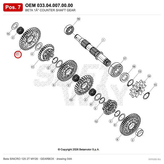 BETA 1° COUNTER SHAFT GEAR – OEM 033.04.007.00.00, position 7 on the Beta SINCRO 125 2T MY26 gearbox drawing