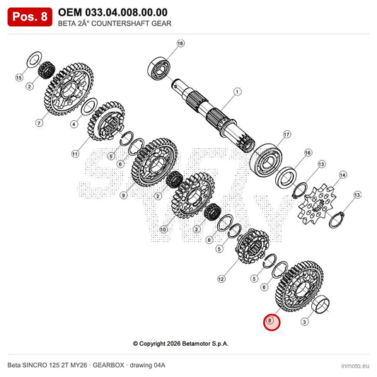 BETA 2° COUNTERSHAFT GEAR – OEM 033.04.008.00.00, position 8 on the Beta SINCRO 125 2T MY26 gearbox drawing
