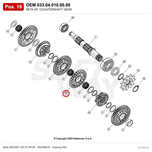 BETA 4° COUNTERSHAFT GEAR – OEM 033.04.010.00.00, position 10 on the Beta SINCRO 125 2T MY26 gearbox drawing