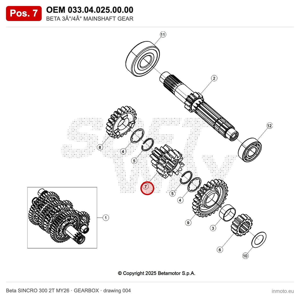 BETA 3°/4° MAINSHAFT GEAR – OEM 033.04.025.00.00, position 7 on the Beta SINCRO 300 2T MY26 gearbox drawing
