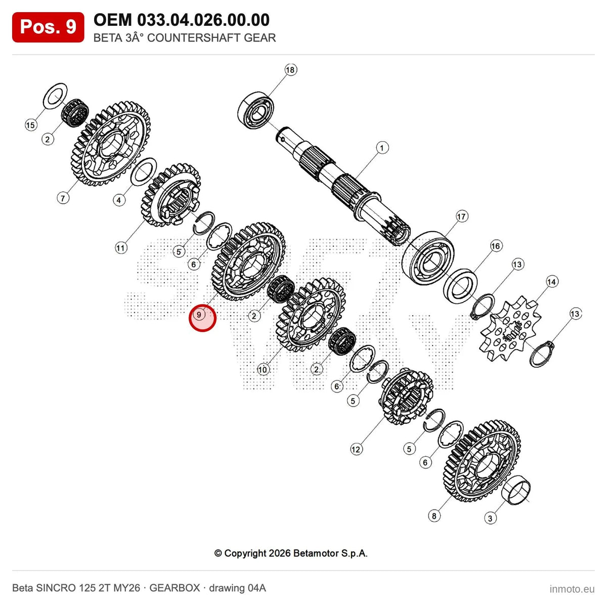 BETA 3° COUNTERSHAFT GEAR – OEM 033.04.026.00.00, position 9 on the Beta SINCRO 125 2T MY26 gearbox drawing