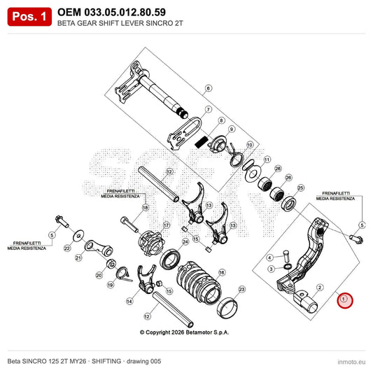 BETA GEAR SHIFT LEVER SINCRO 2T – OEM 033.05.012.80.59, position 1 on the Beta SINCRO 125 2T MY26 shifting drawing