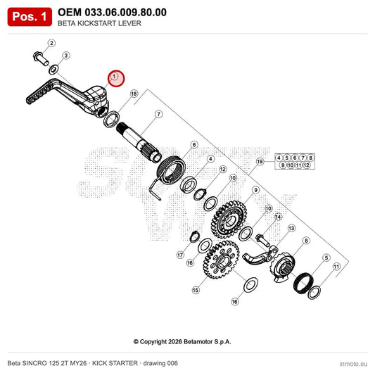 BETA KICKSTART LEVER – OEM 033.06.009.80.00, position 1 on the Beta SINCRO 125 2T MY26 kick starter drawing