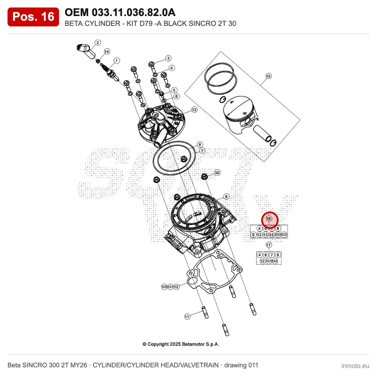 BETA CYLINDER - KIT D79 -A BLACK SINCRO 2T 30 – OEM 033.11.036.82.0A, position 16 on the Beta SINCRO 300 2T MY26 cylinder/cylinder head/valvetrain drawing