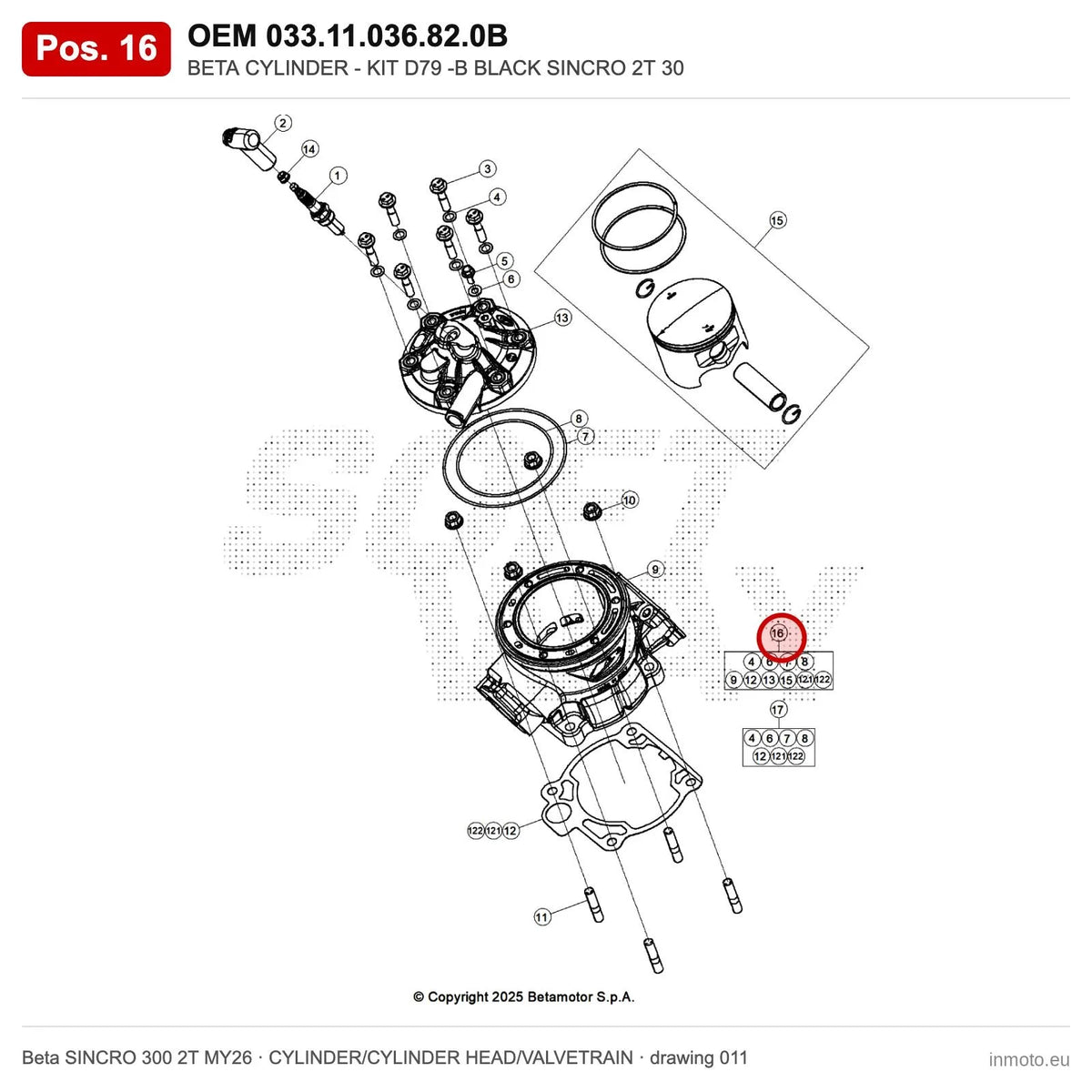 BETA CYLINDER - KIT D79 -B BLACK SINCRO 2T 30 – OEM 033.11.036.82.0B, position 16 on the Beta SINCRO 300 2T MY26 cylinder/cylinder head/valvetrain drawing