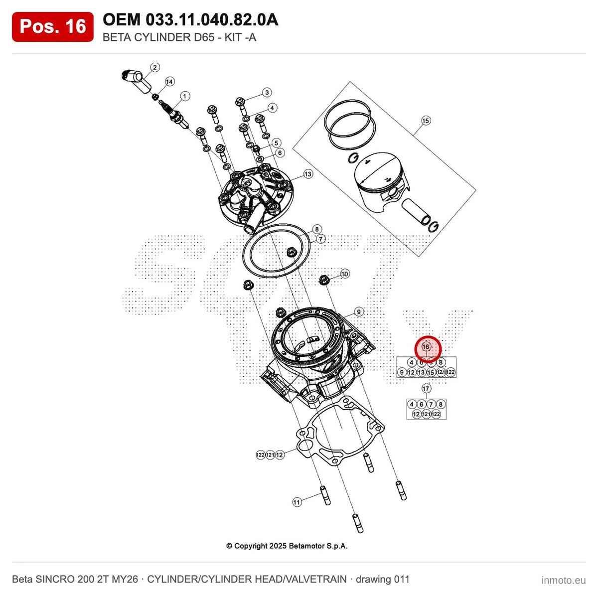 BETA CYLINDER D65 - KIT -A – OEM 033.11.040.82.0A, position 16 on the Beta SINCRO 200 2T MY26 cylinder/cylinder head/valvetrain drawing
