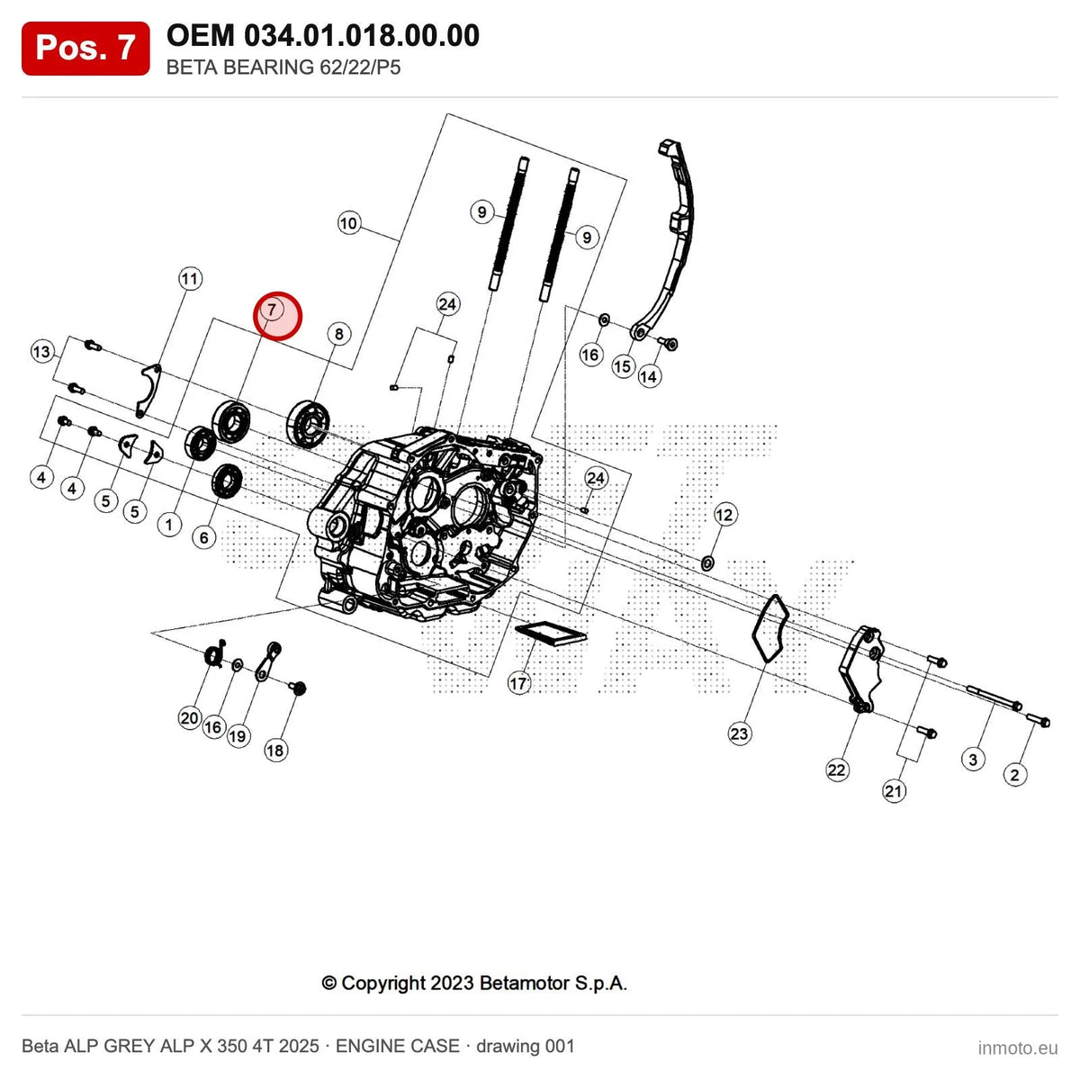 BETA BEARING 62/22/P5 – OEM 034.01.018.00.00, position 7 on the Beta ALP GREY ALP X 350 4T 2025 engine case drawing