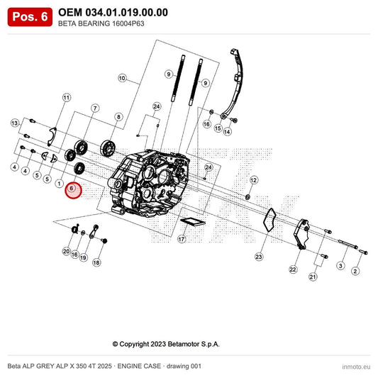 BETA BEARING 16004P63 – OEM 034.01.019.00.00, position 6 on the Beta ALP GREY ALP X 350 4T 2025 engine case drawing