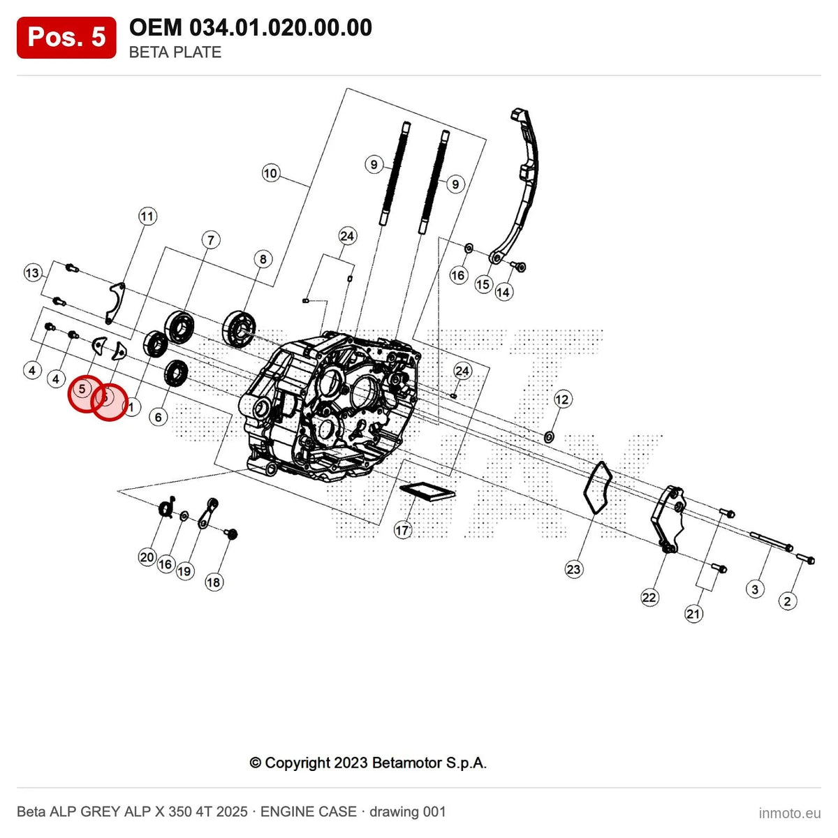BETA PLATE – OEM 034.01.020.00.00, position 5 on the Beta ALP GREY ALP X 350 4T 2025 engine case drawing