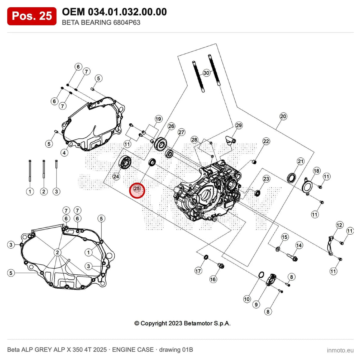 BETA BEARING 6804P63 – OEM 034.01.032.00.00, position 25 on the Beta ALP GREY ALP X 350 4T 2025 engine case drawing