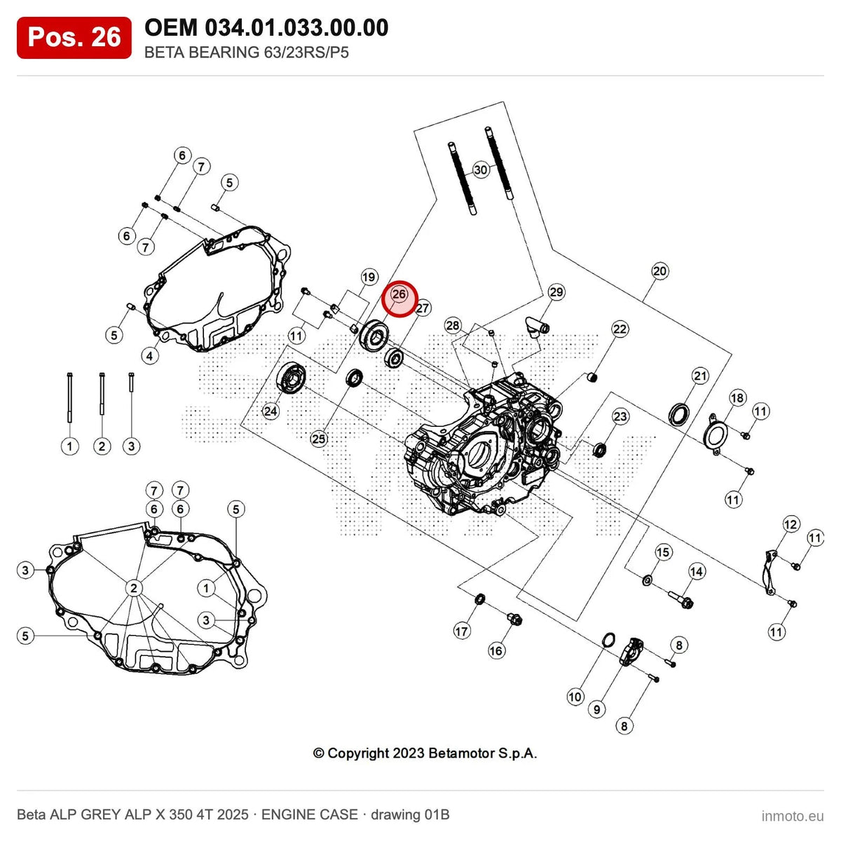 BETA BEARING 63/23RS/P5 – OEM 034.01.033.00.00, position 26 on the Beta ALP GREY ALP X 350 4T 2025 engine case drawing